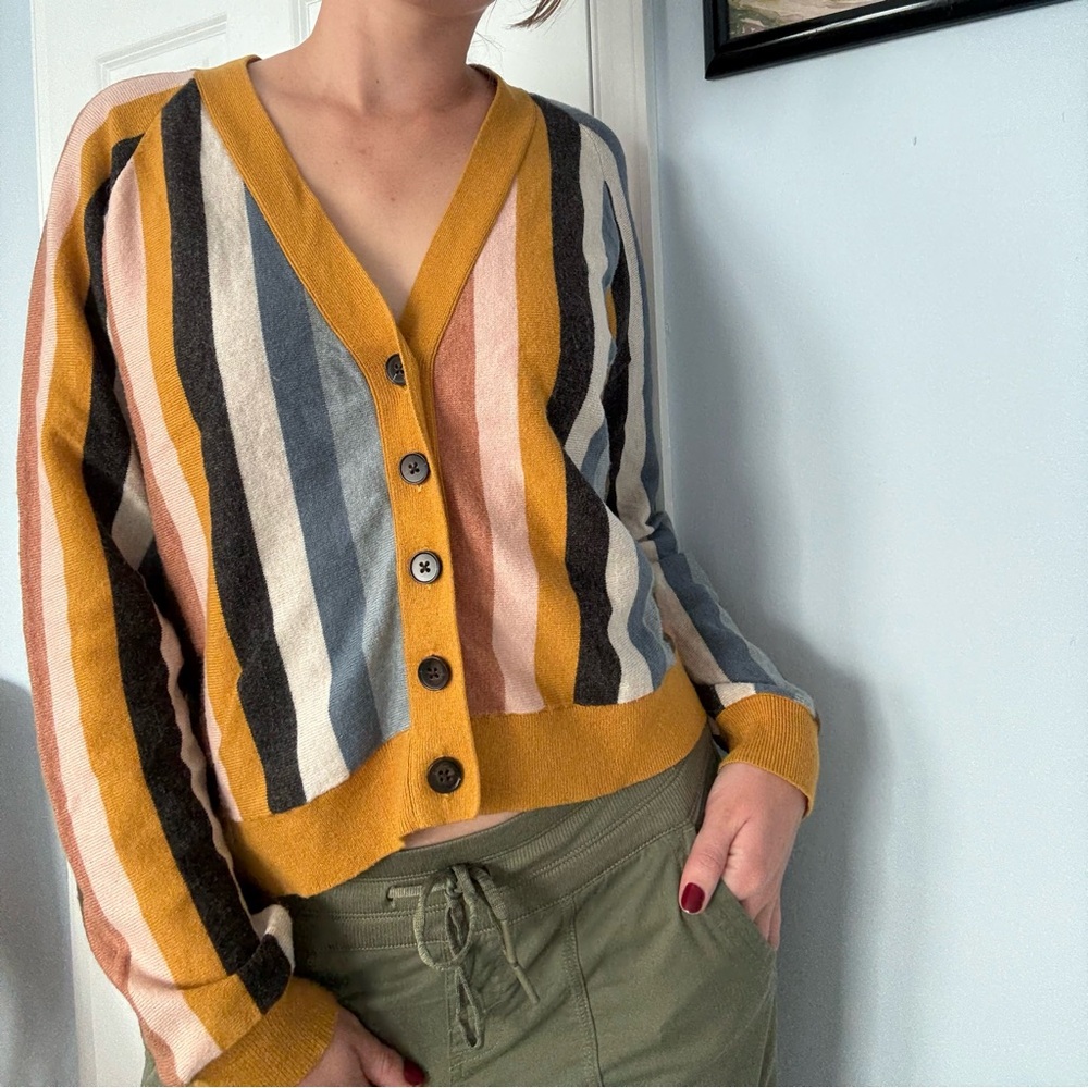 THE GREAT Mustard and Multicolor Striped Cardigan